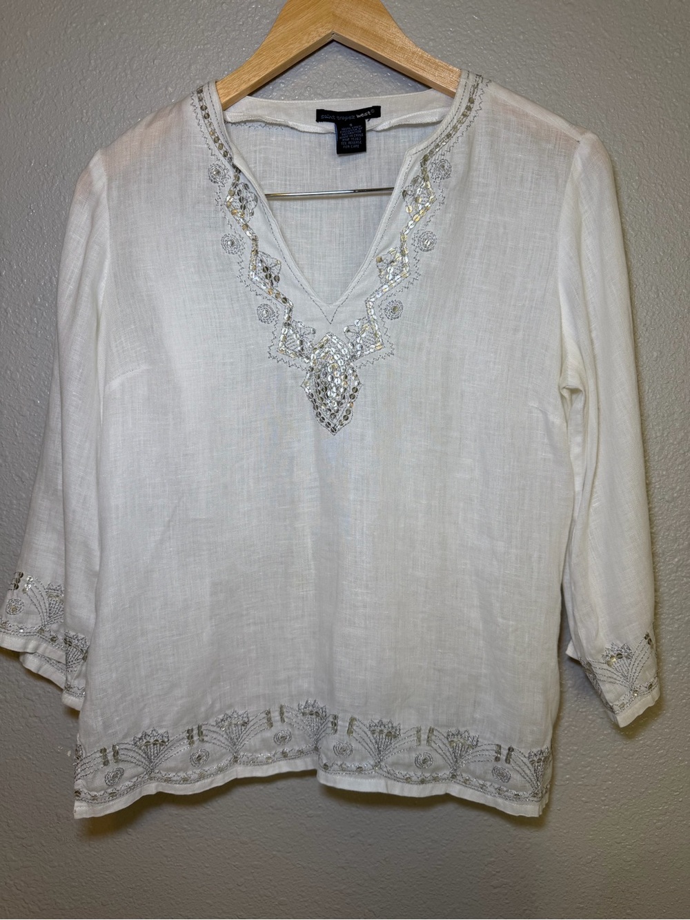 Saint Tropez West White Embellished V-Neck Linen Blouse Small